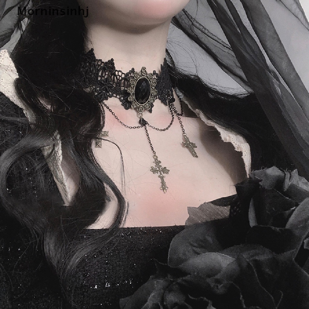 Mornin Gothic Chokers Adjustable Lace Choker Collar Kalung Dengan Salib Vintage Rumbai Rantai Wanita Steampunk Perhiasan Halloween Kostum Halloween id