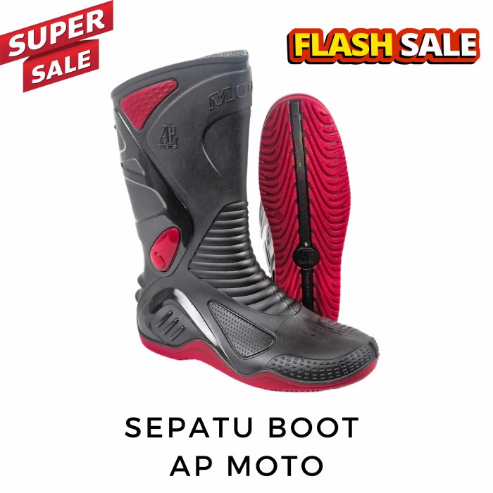 Sepatu Boot AP Moto Tinggi Hitam Merah Motor Anti Air Hujan Banjir