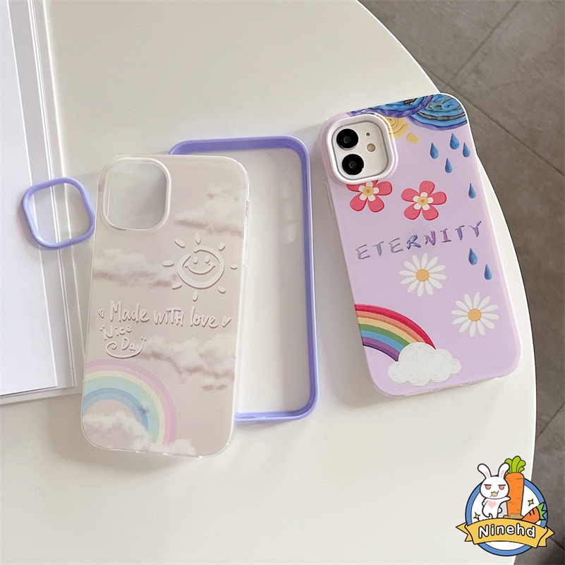 IPHONE Casing Kompatibel Untuk Iphone14 13 12 11 Pro Max X Xr Xs Max8 7 6 6s Plus SE 3 in 1 Fantasy Rainbow Flower Liquid Silicone Phone Case Silikon Lembut Tahan Jatuh Casing Pelindung