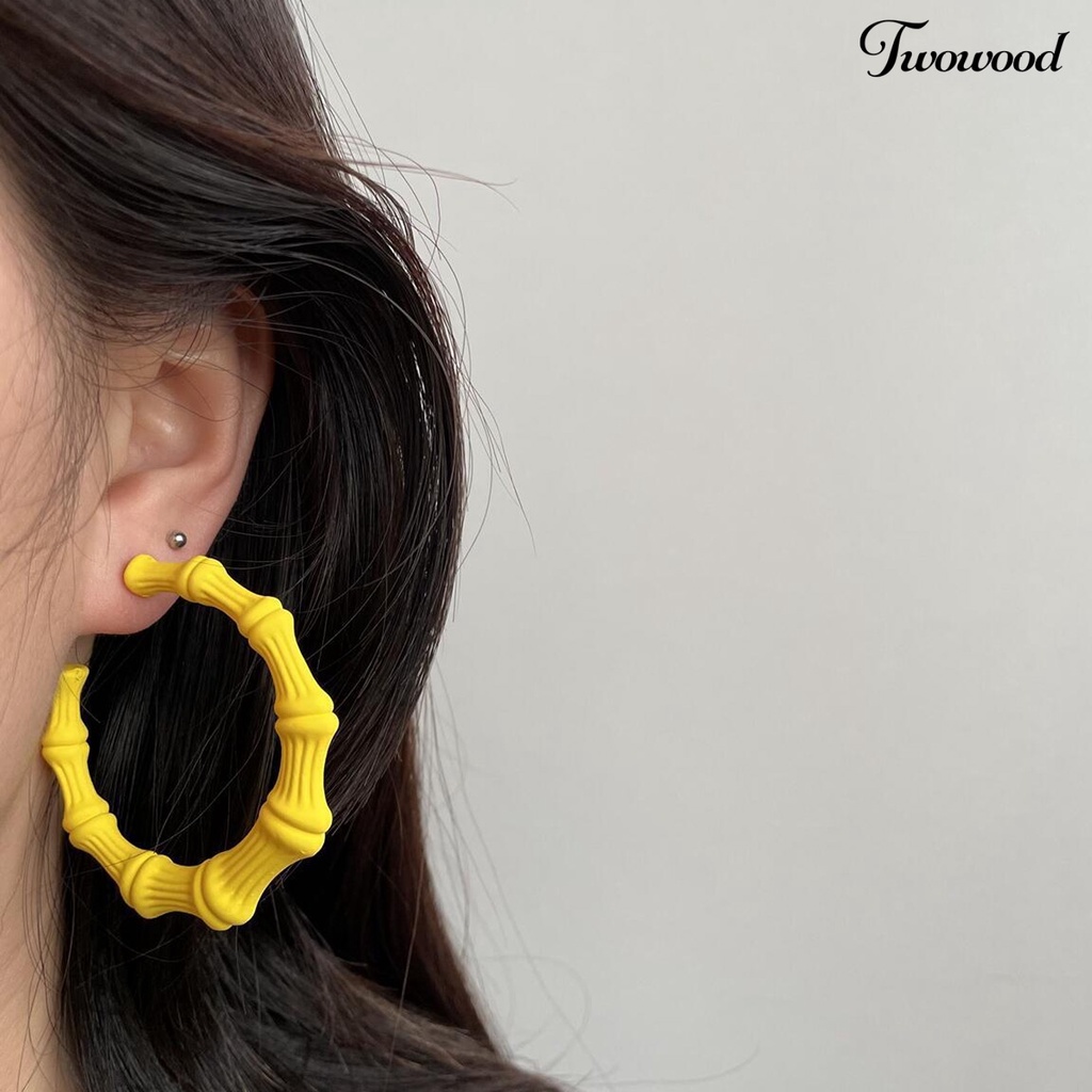 Twowood 1pasang Anting Hoop Geometris Berbentuk C Tindik Cat ing Liontin Berdandan Tahan Luntur Anting Hoop Lingkaran Bambu Besar Untuk Kehidupan Sehari-Hari