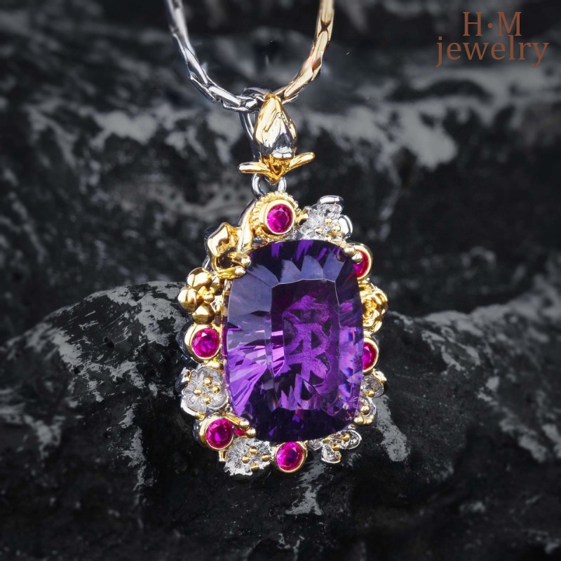 Kalung Emas Ukir Anyaman Lemon Crystal Pendant Amethyst Ornament