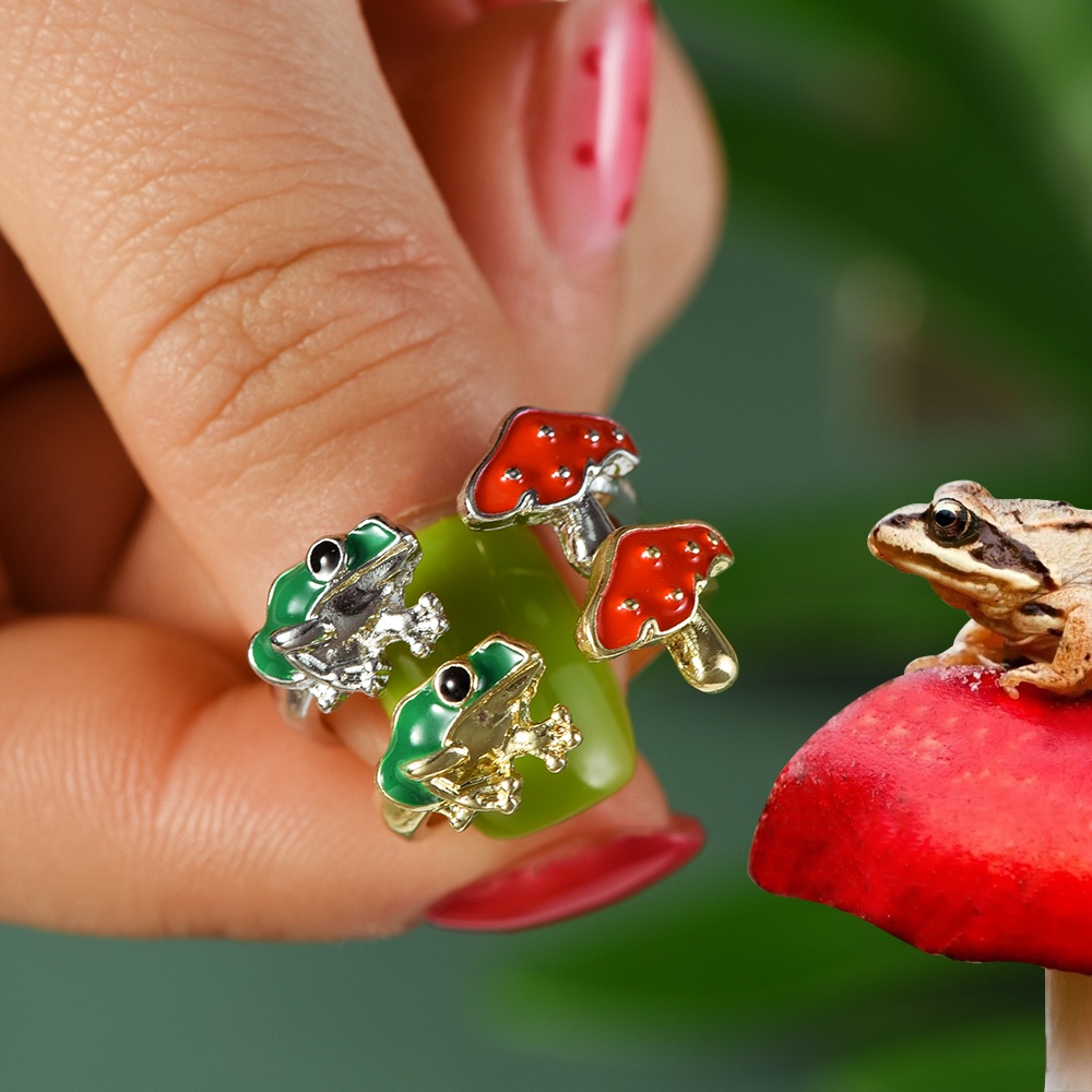 Rustic Green Frog Red Mushroom Rings Warna Emas Perak Cincin Kodok Lucu Desain Terbuka Cincin Yang Dapat Disesuaikan Best Friend Couple Rings