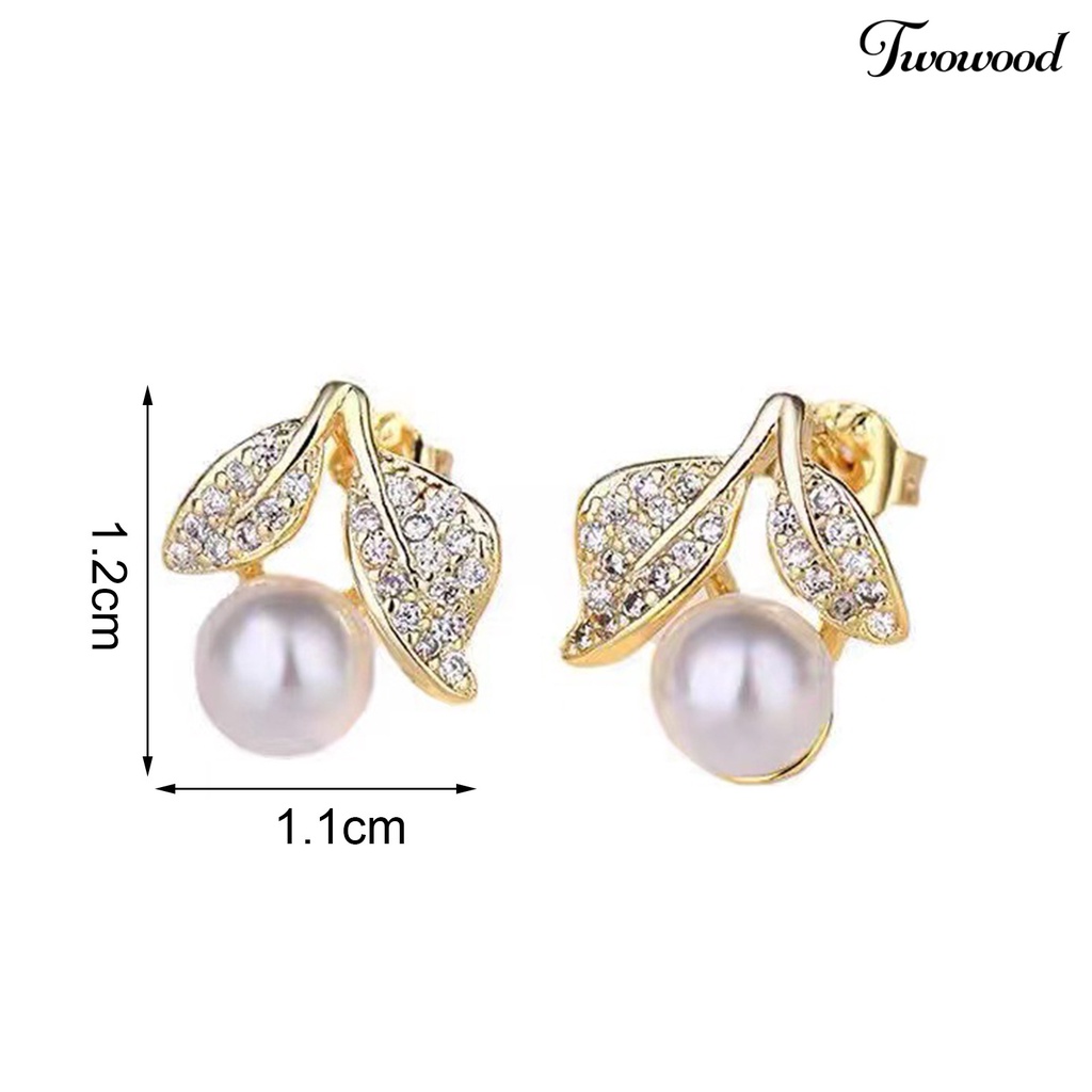 Twowood 1pasang Ear Studs Dainty Elegan Bling Berlian Imitasi Golden High Gloss Faux Pearl Leaves Women Earrings Perhiasan Aksesoris