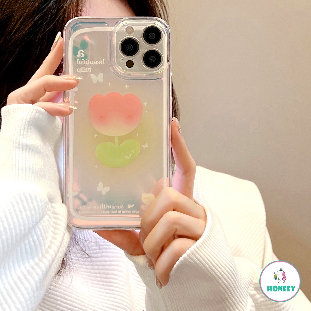 IPHONE Fashion Laser Bunga Tulip Shiny Butterfly Back Shell Untuk Iphone14 13 Pro Max Xr Xsmax X12 11 Promax7 8 Plus Casing Ponsel