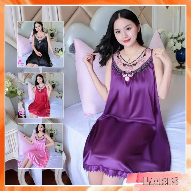 Laris - lingerie satin baju tidur sexy jumbo/motif renda bunga pink/ lingerie import