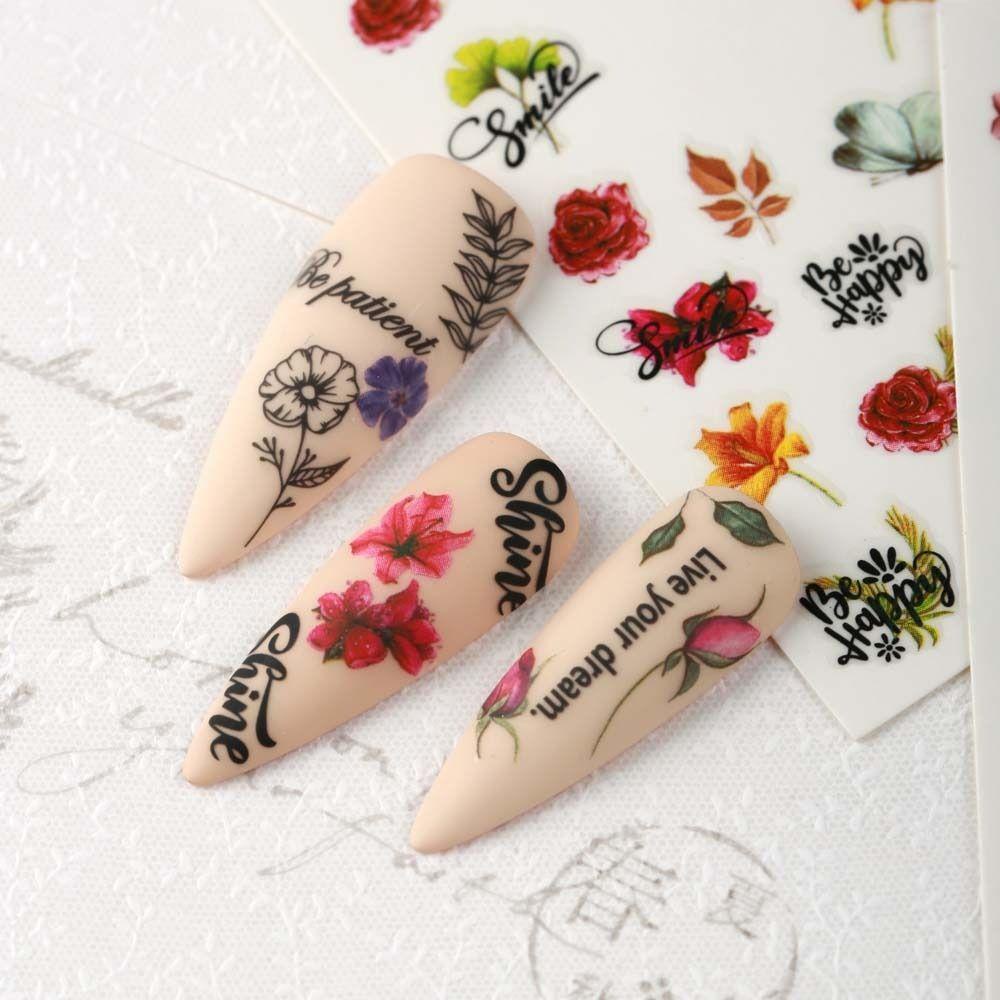 Mxbeauty Bunga Stiker Kuku Musim Semi Perekat Diri Daun Kupu-Kupu Huruf Inggris Dekorasi Kuku