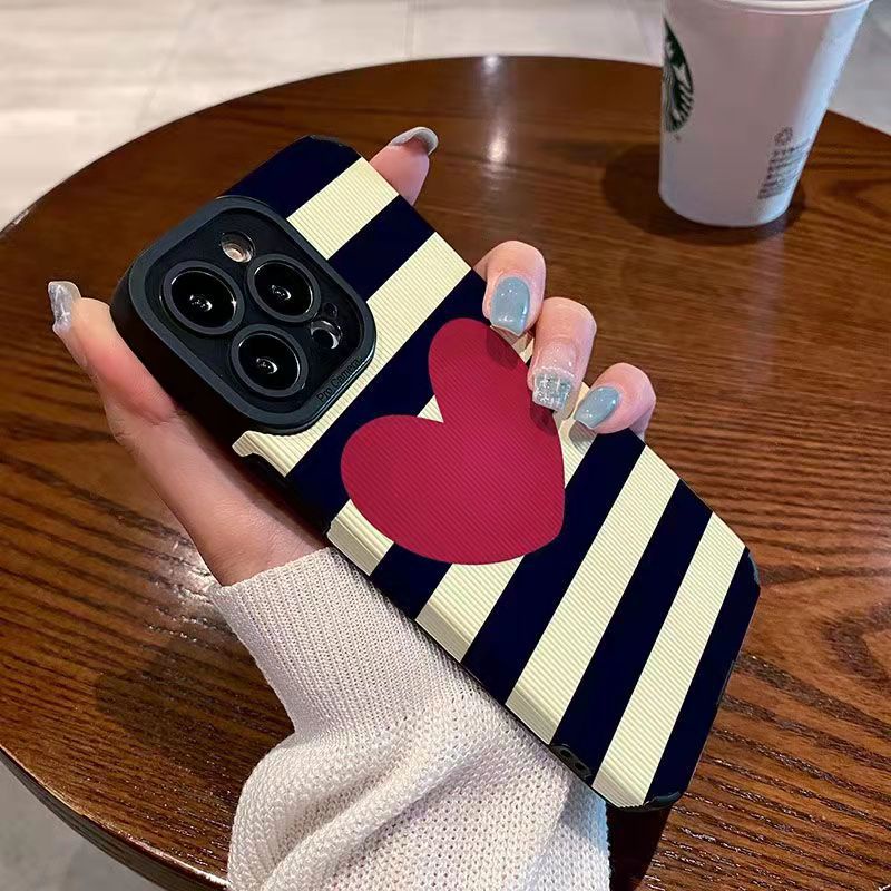 【Lamb Skin】Striped Red Heart Leather Soft Case for IPhone 6S 7 Plus 8 Plus X XS XR XS Max 11 13 12 14 PRO Max 14 Plus 12 13 Mini Camera Protect Phone CASE