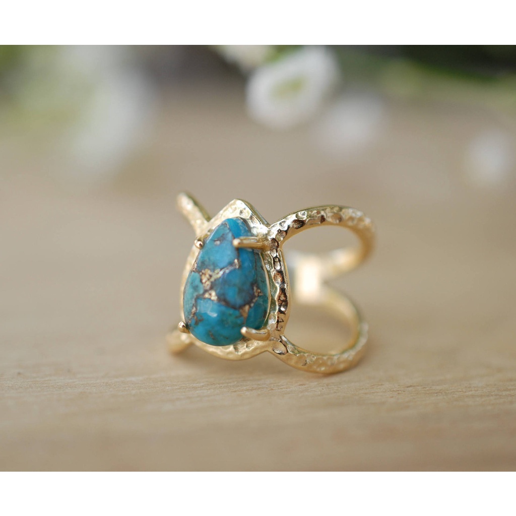 Goldkingdom Fashion Perhiasan Aksesoris Ready Stock Eropa Dan Amerika Mewah Bertatahkan Tetesan Air Pear Shaped Turquoise Ring Untuk Wanita Pesta Pertunangan Ring