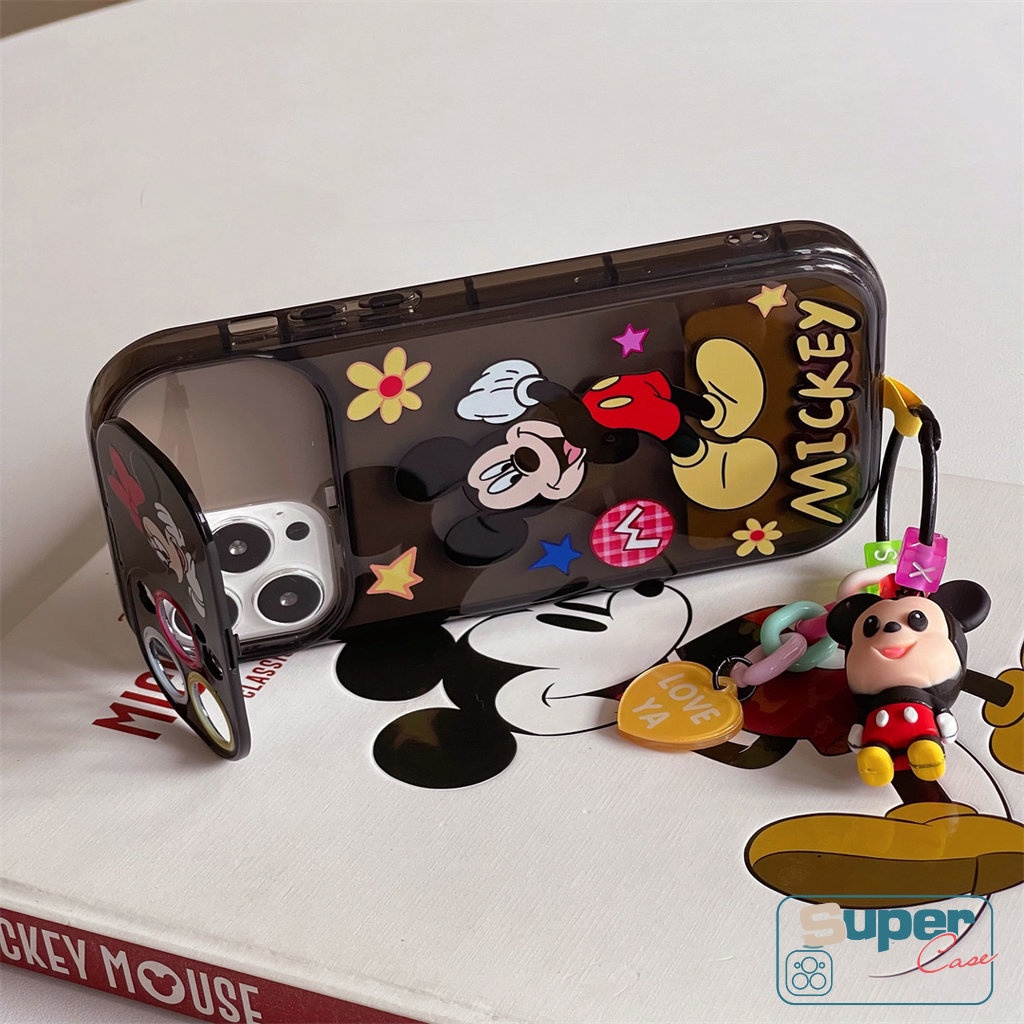 IPHONE Kreatif Indah Flip Make Up Cermin Case Kompatibel Untuk Iphone7 8 14 Plus14 11 13 12 Pro MAX X XR XS MAX SE 2020 Kartun Disney Mickey Bunga Shockproof Lembut TPU Phone Cover