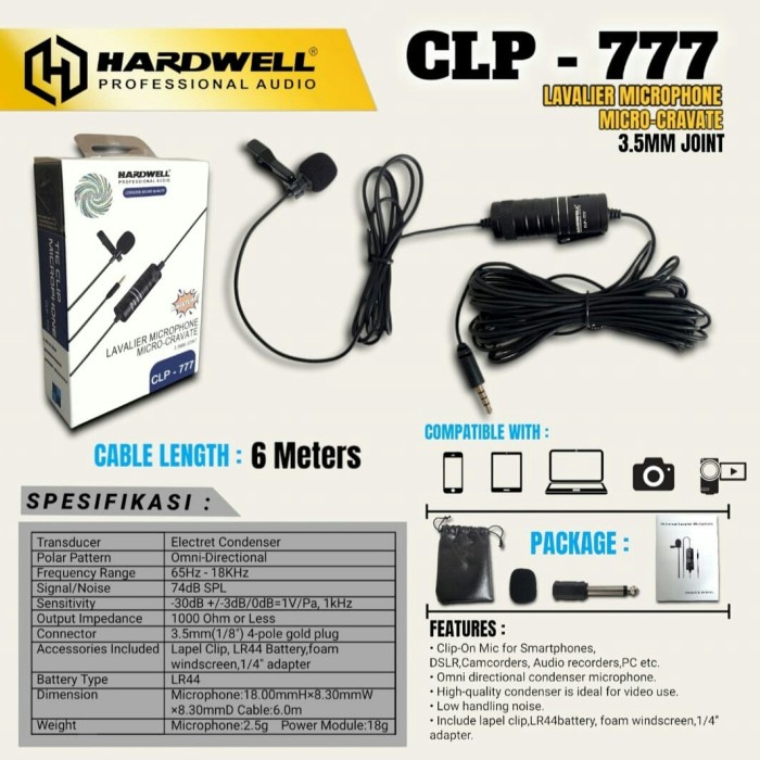 Mic Jepit/Clip on/Kancing Imam/Vlog Kabel Hardwell CLP-777