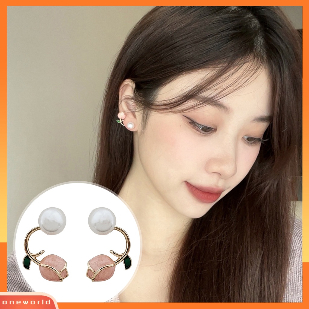 [ONE] 2pcs Ear Studs Elegan Electroplating Gaya Perancis Bunga Tulip Anting Mutiara Imitasi Anting Perak Jarum Stud Earrings