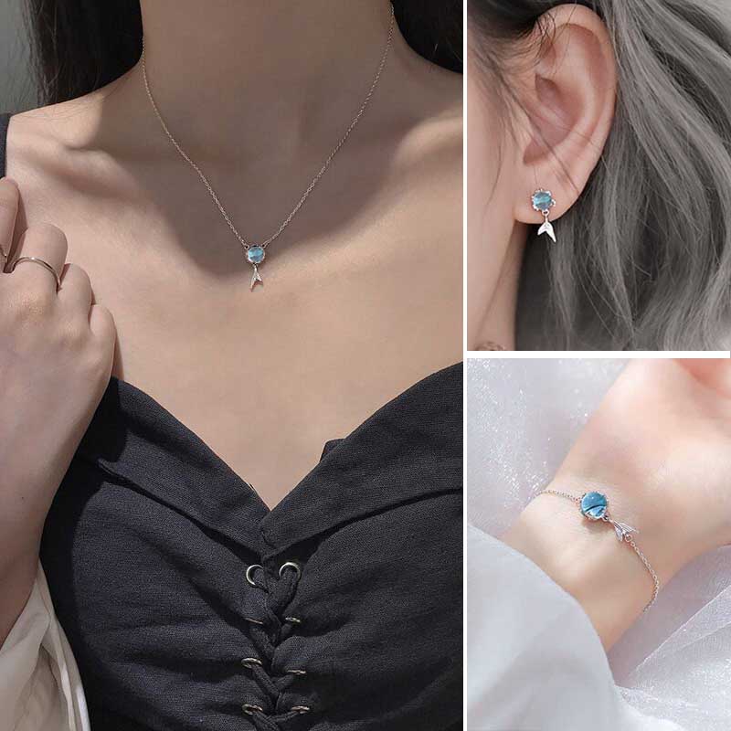 Korea Sederhana Stylue Mermaid Tail Batu Biru Zirkon Perak Stud Anting Wanita Fashion Perhiasan Baja Titanium Kalung Liontin Gelang Bangle
