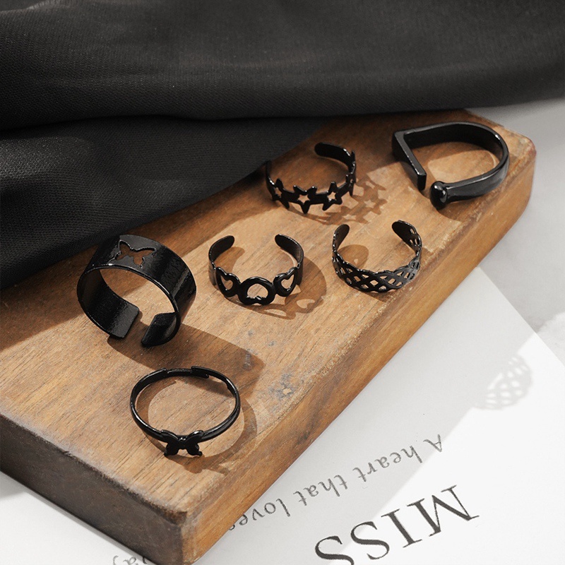 6pcs/set Punk Jari Cincin Minimalis Halus Hitam Geometris Logam Cincin Untuk Wanita Perempuan Pesta Fashion Perhiasan