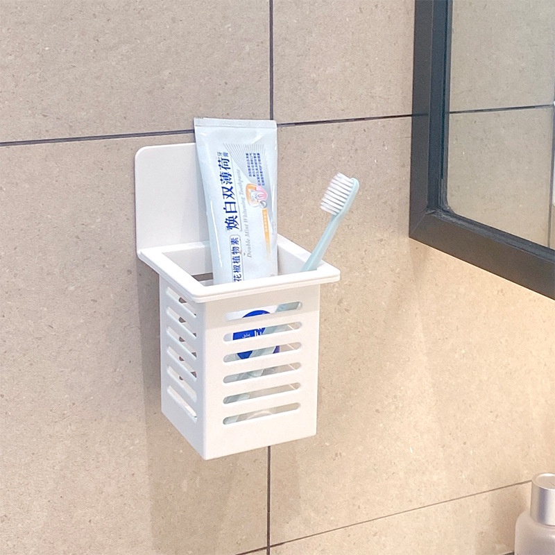 ღ Wall Mounted Hollow Drain Rack Self-adhesive Toothpaste Tempat Sikat Gigi Kamar Mandi Punch Free Floating Shelves Drain Rack Tool