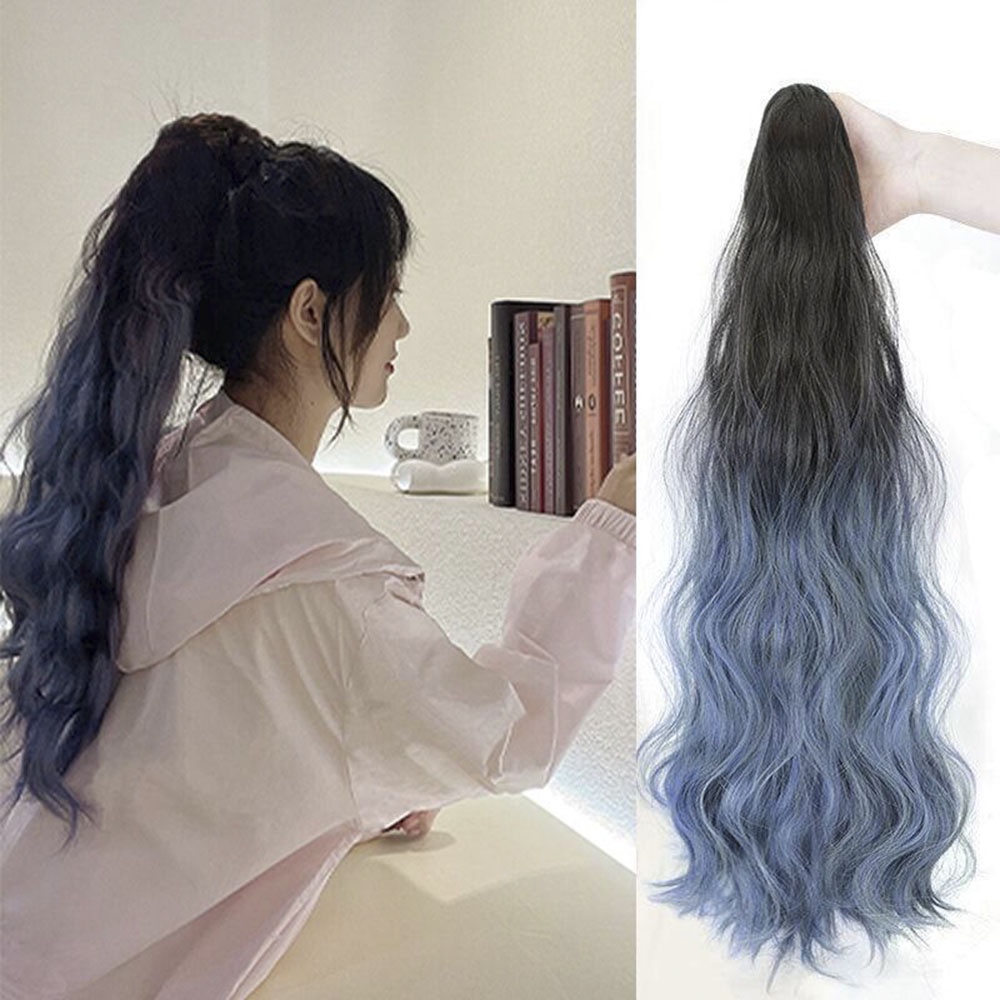 Wanita Gadis Gradien Panjang Keriting Wig Alami Ponytail Rambut Ekstensi Dengan Klip Aksesoris Rambut