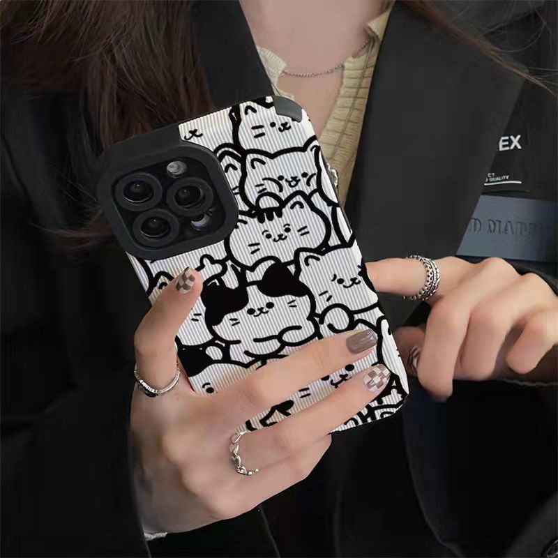 【Lamb Skin】Vertical Grain Soft Case for IPhone 6S 7 Plus 8 Plus X XS XR XS Max 11 13 12 14 PRO Max 14 Plus 13 12 Mini Cute Black and White Line Cat Cartoon