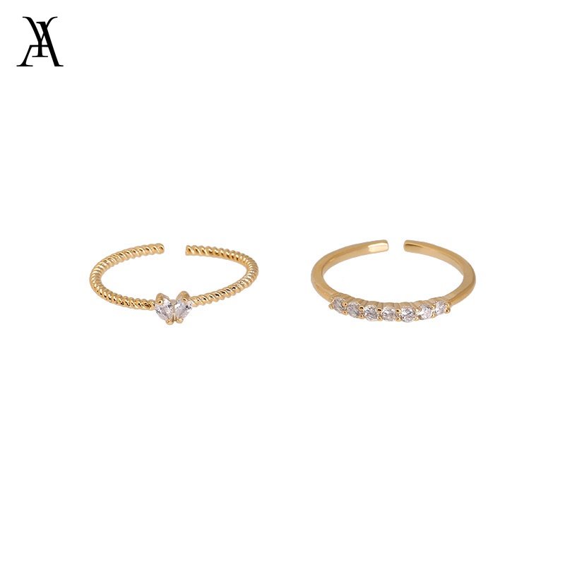 AY(CN) 2pcs /Set Cincin Set Hati Kristal Sederhana Pembukaan Dapat Disesuaikan Cincin Emas Untuk Aksesoris Perhiasan Wanita