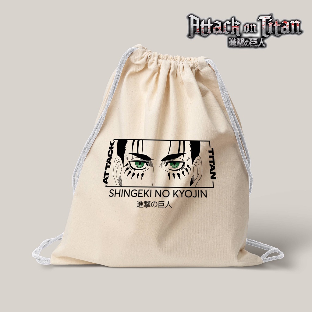 Stringbag anime Attack on titan singeki no kyojin eren yeager tas serut anime string bag canvas premium blacu totebag