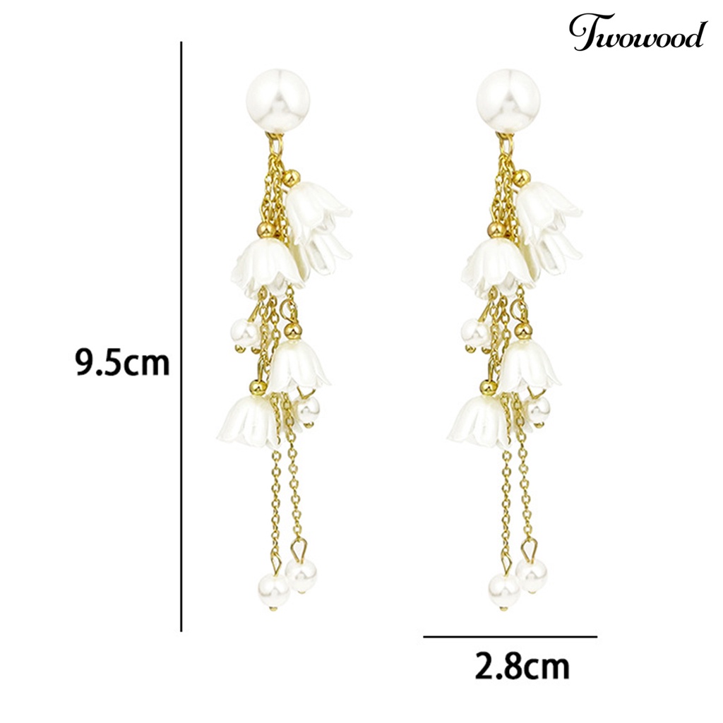 Twowood 1pasang Anting Rumbai Bunga Liontin Mutiara Imitasi Electroplating Tidak Alergi High Gloss Ear Ornament Colorfast Lady Elegan Anting Rumbai Rantai Panjang Untuk Pacaran