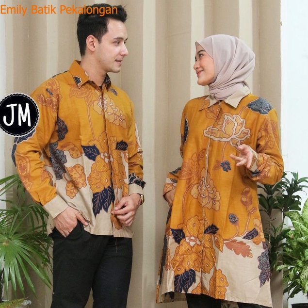 Baju Batik Couple Pasangan Motif Ceplok Kuning Lengan Panjang Ems