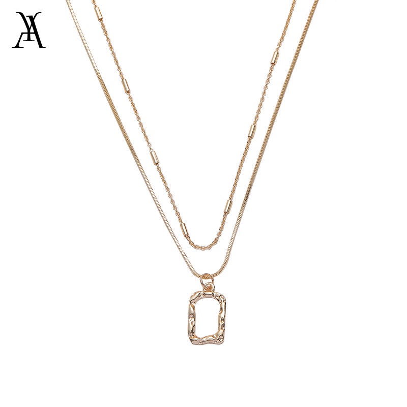 AY(CN) Korean Square Hollow Multilayer Necklace Simple Glod Silver Pendant Chain Choker Women Accessories Jewelry Gift