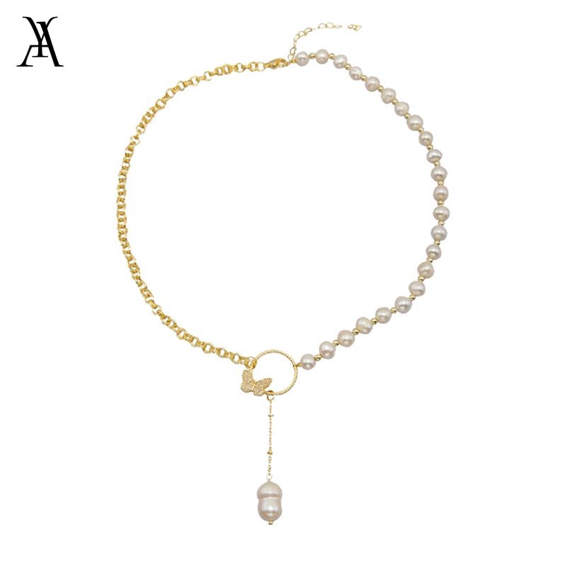 AY(CN) Kalung Rantai Choker Liontin Kupu-Kupu Hias Kristal Mutiara Gaya Korea Untuk Wanita