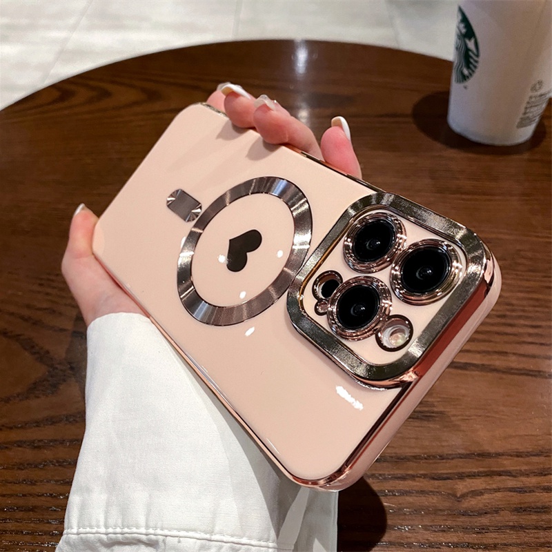 Casing Ponsel Cinta Hati Plating Magnetik Mewah Untuk IPhone 14 Pro Max11 12 13 14 Plus Pengisian Nirkabel Shockproof Cover