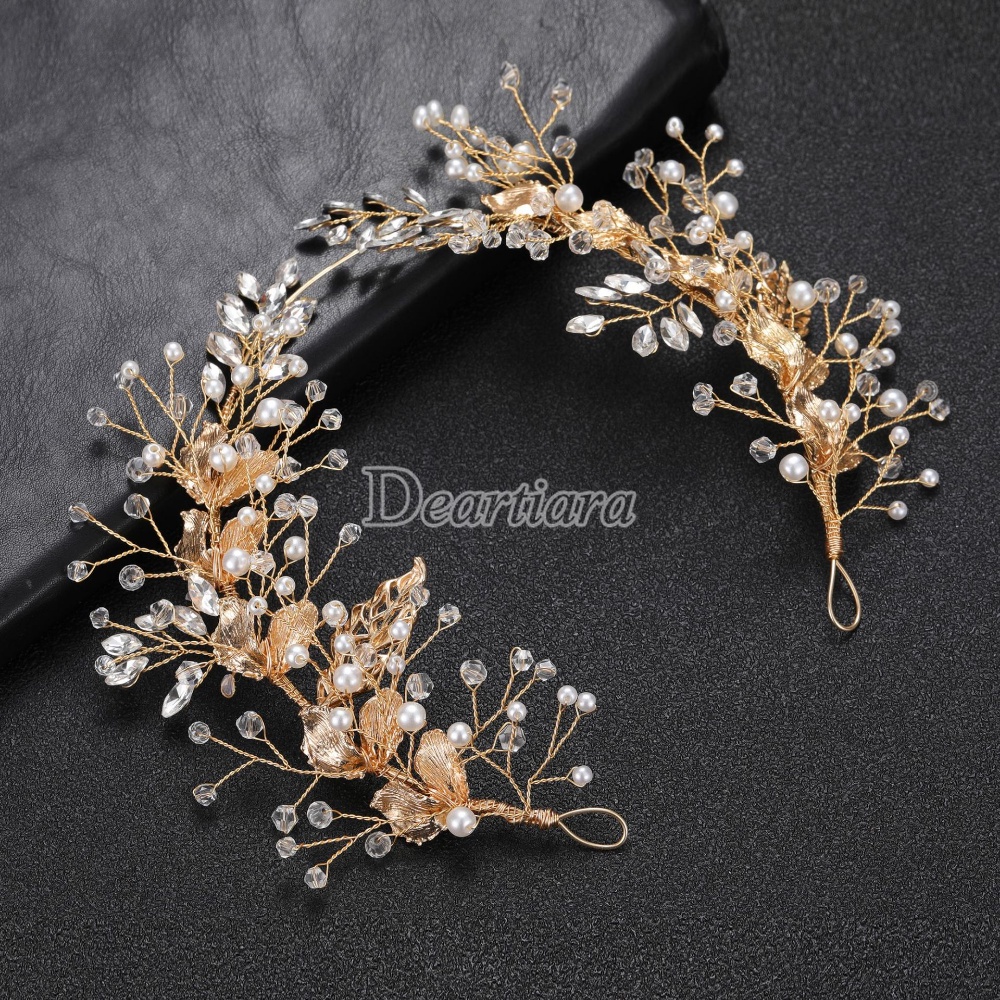 Hiasan Kepala Pengantin Bahan Alloy Emas Bentuk Daun Handmade Pearl Hair Band