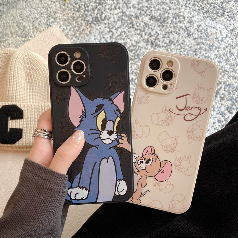 【Couple】Soft Case IP IPhone 7 8 Plus 7+ 8+ X XR XS Max 11 12 13 14 Pro Max SE 2020 Black Case Tom and Jerry casing hp iphone missconnie