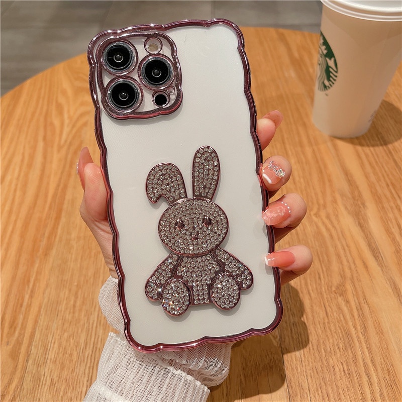 Luxury flash drill rabbit wavy border silicone soft shell phone case Kompatibel Untuk iphone7/8plus X XS XSMAX XR iphone7/8Sarung Penutup Belakang Tahan Guncangan