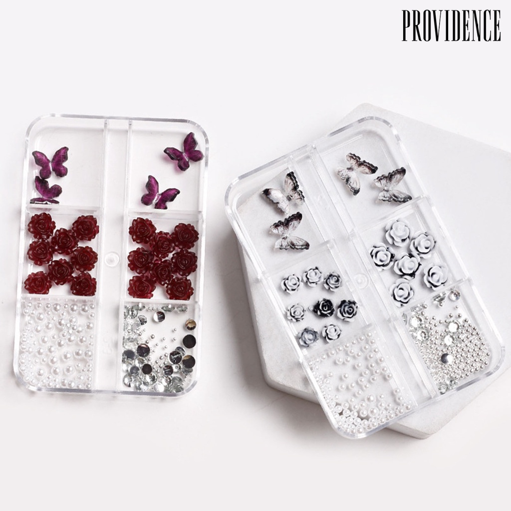 Providence 1kotak Pesona Nail Art Berkilauan Retro Mudah Di Tempel Mempesona Efek Visual DIY Resin 3D Kupu-Kupu Mawar Mutiara Imitasi Hiasan Kuku Perlengkapan Kerajinan