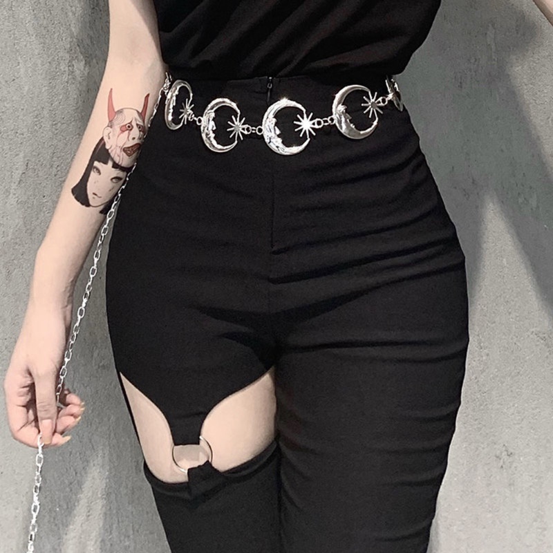 Y2k Gothic Bulan Bintang Rantai Pinggang Retro Punk Warna Perak Sabuk Vintage Sempit Logam Rantai Perut Aksesoris Fashion Wanita