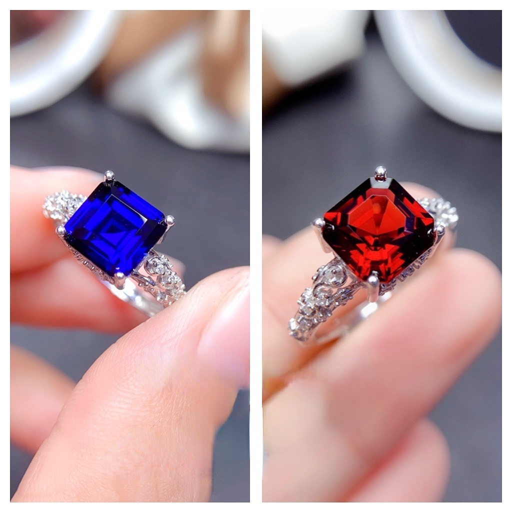 Goldkingdom Fashion Perhiasan Aksesoris Ready Stock Alami Mozambik Garnet Perempuan Cincin Putri Persegi Berlian Royal Blue Adjustable Color Treasure Ring