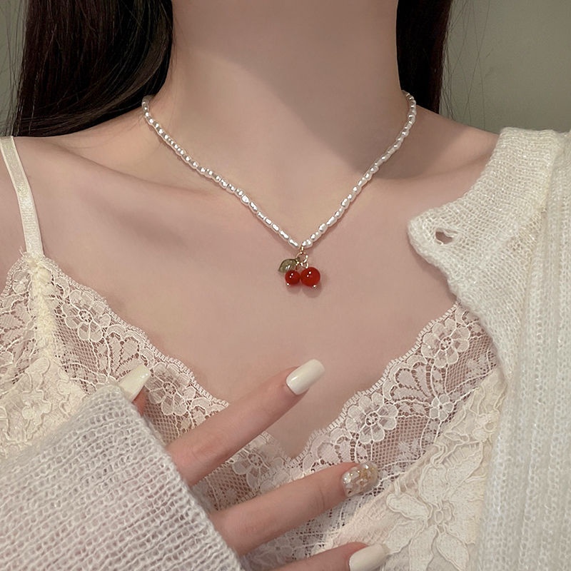 Kalung Mutiara Buatan Lembut Gaya Korea Untuk Gadis Manis Cherry Liontin Rantai Klavikula Aksesoris Perhiasan Pesta