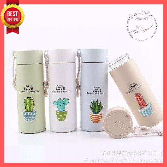 GOS -F404- Botol Minum Kaktus Thermos Kaca - Botol Kaca Minum Botol Motif Cactus Love 450ml