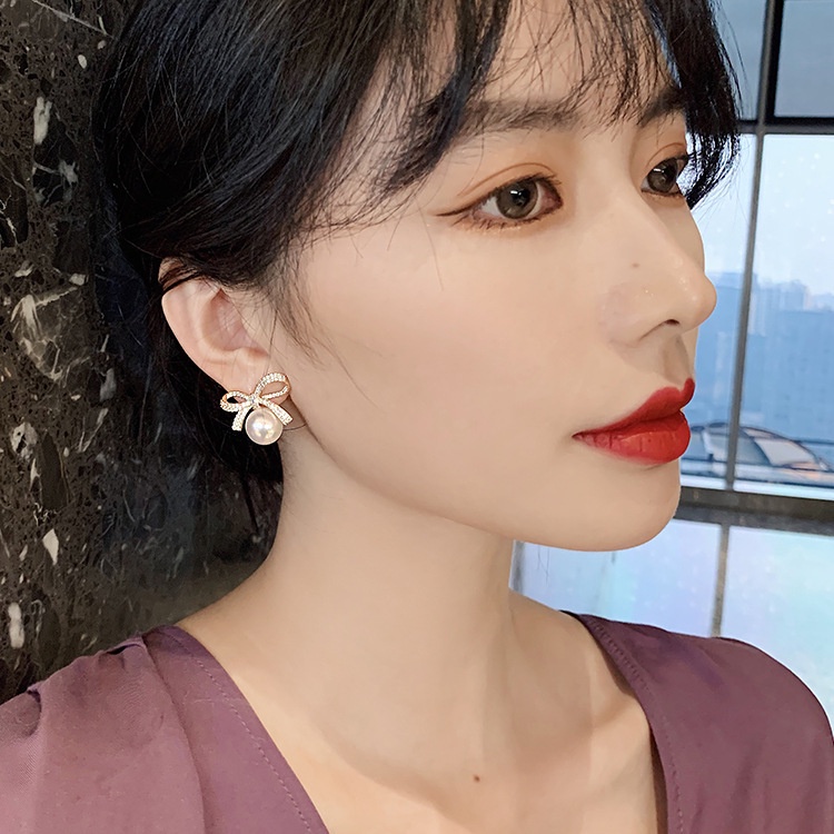 S925 Perak Jarum Korea Berlian Busur Mutiara Temperamen Manis All-Match Anting Earrings Wanita