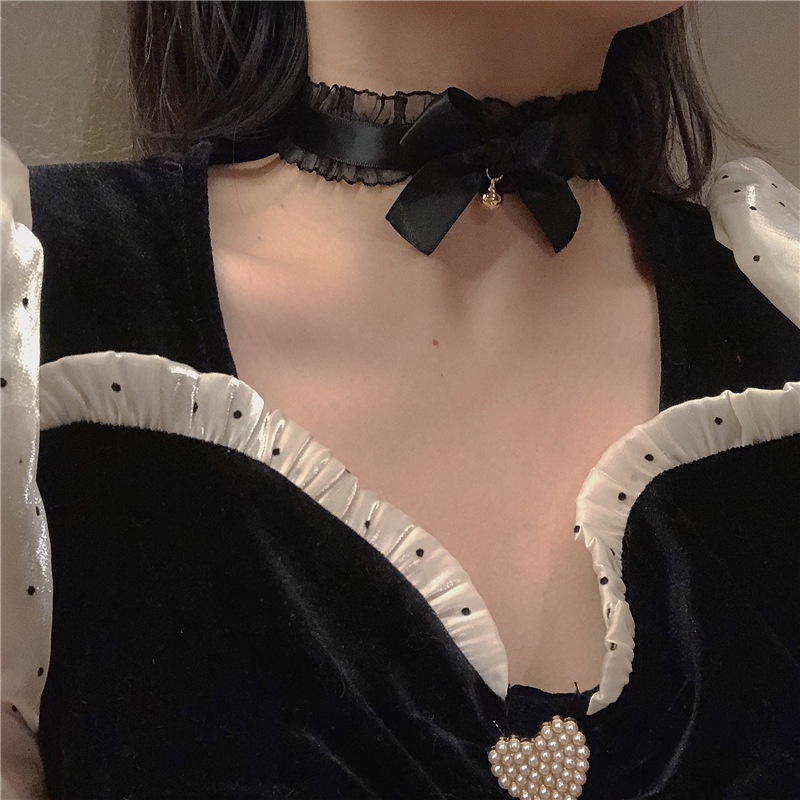 Pesona Renda Kerah Lonceng Busur Kalung Hitam Putih Seksi Klavikula Choker Pendek Kalung Untuk Wanita Perempuan Seragam Perhiasan