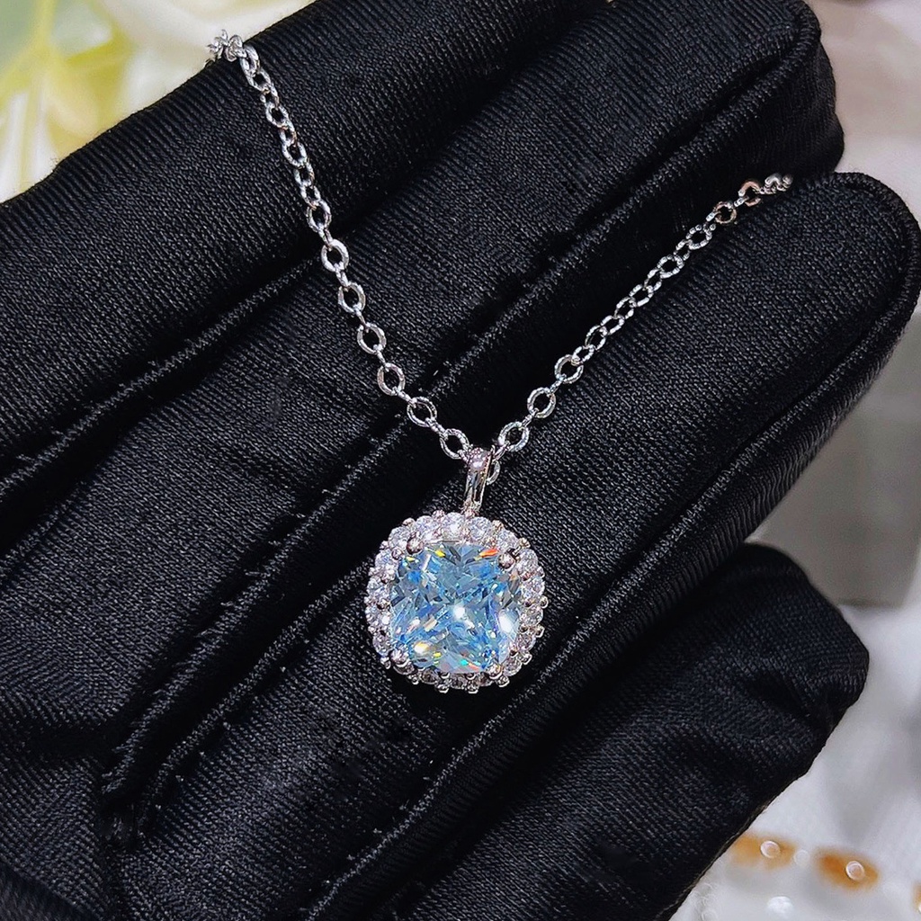 Goldkingdom Fashion Perhiasan Aksesoris Ready Stock Perhiasan Mewah Imitasi Harta Karun Kalung Kacang Gula Kecil Super Mengkilap Brilliant Bantal Sea Blue Zirconia Pendant