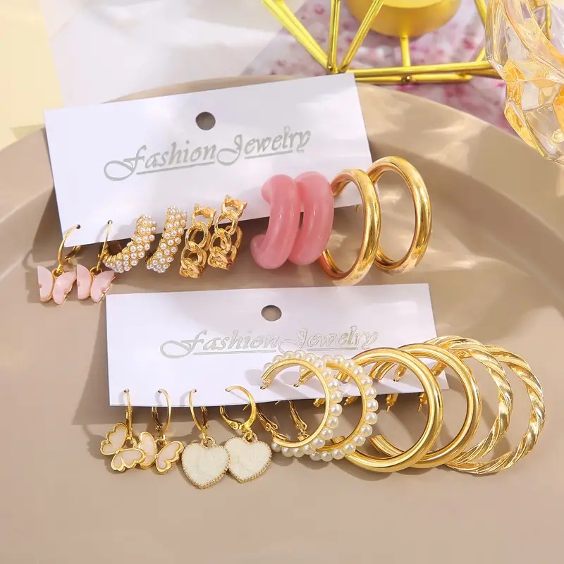 Set Anting Mutiara Emas Mewah Untuk Wanita Fashion Hati Kupu-Kupu Hoop Earring Perhiasan Aksesoris