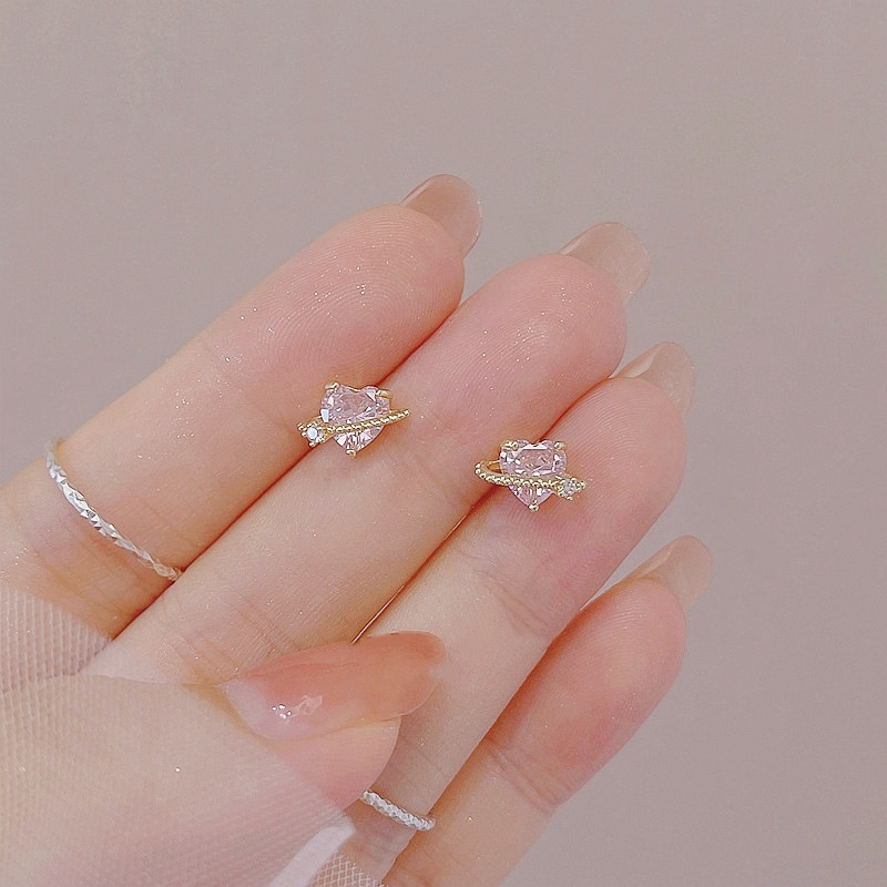 Sweet and Cool Pink Zircon Earrings Ins Simple Design Love Ear Bone Stud Earrings Women's New Style  Sexy Girl Jewelry