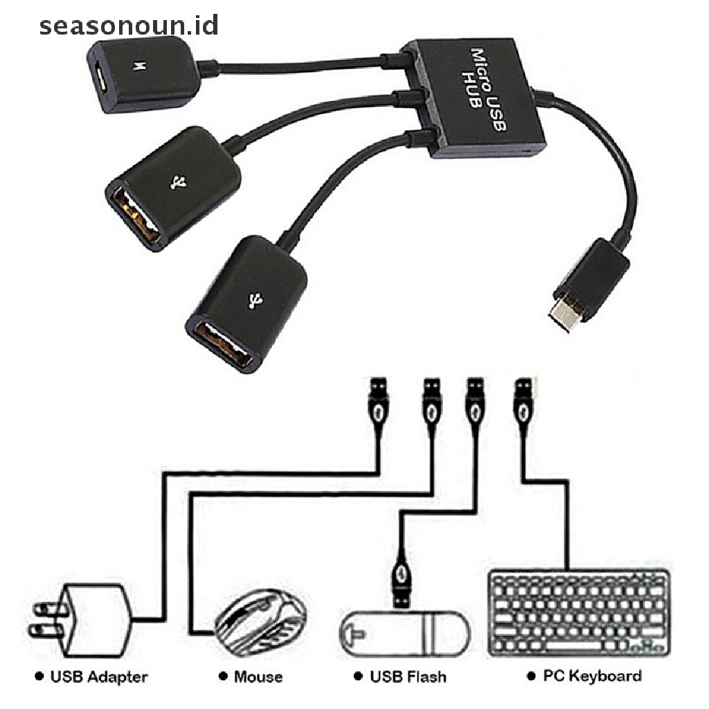 Seasonoun 3in1 Micro USB To 2konverter Adapter HUB 3port OTG Micro-USB Type-C Untuk Tablet Keyboard Mouse Android.