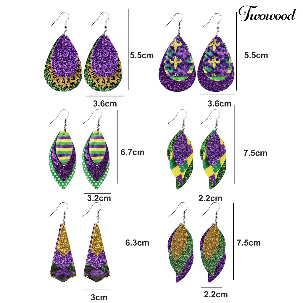 Twowood 1pasang Anting Kait Warna-Warni Glitter Teardrop Berbentuk Daun 3lapis Kulit Imitasi Menjuntai Anting Perlengkapan Karnaval