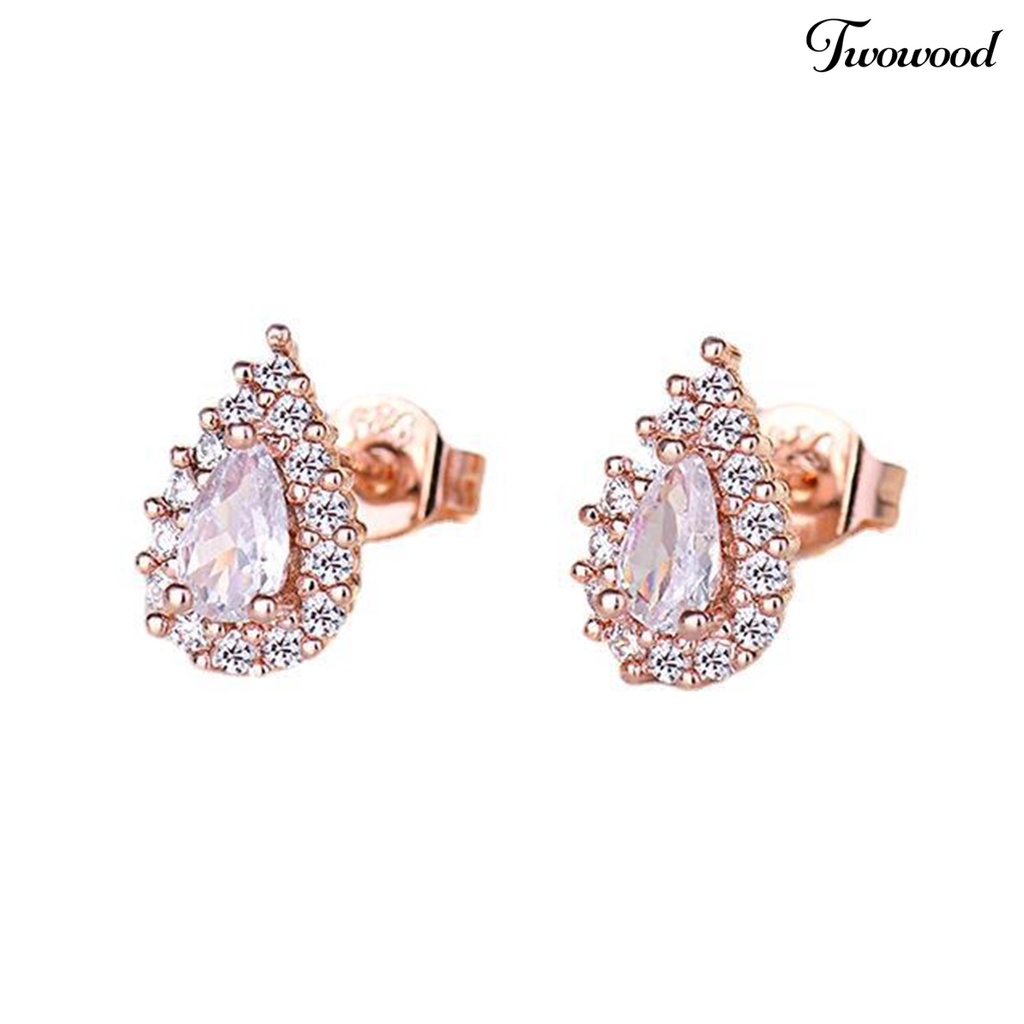 Twowood 1pasang Ear Studs Vintage Temperamen Shiny Cubic Zirconia Hias Electroplating Dress Up Hadiah Wanita Gadis Tetesan Air Stud Earrings Perhiasan Aksesoris