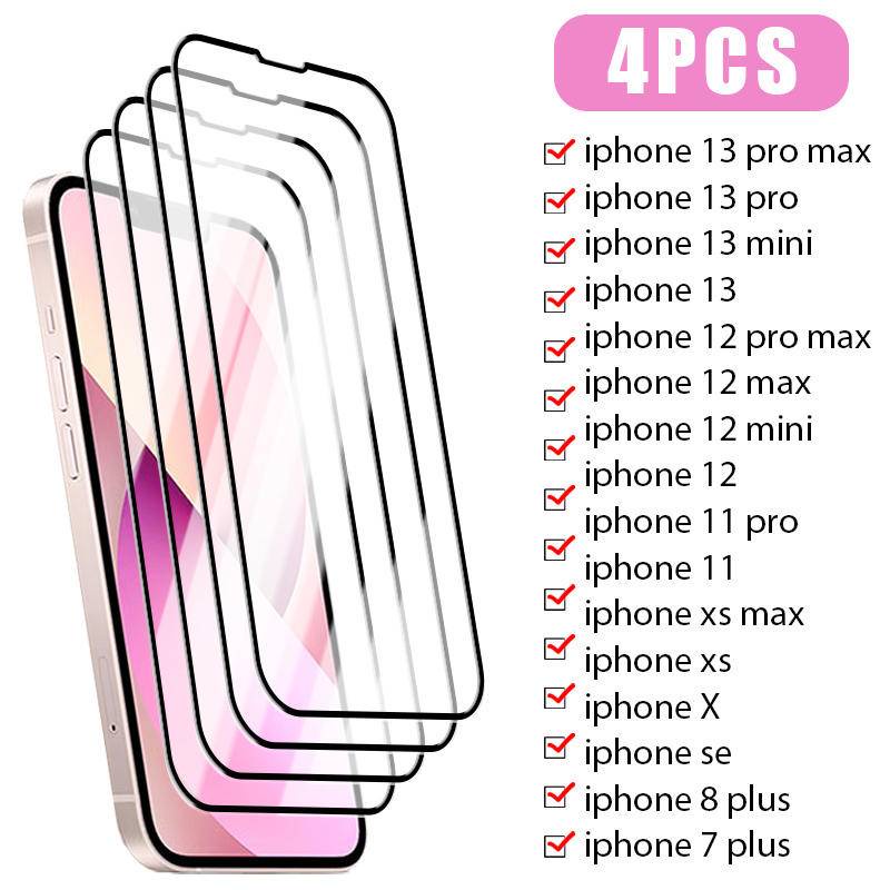 4pcs Full Cover Pelindung Layar Untuk Iphone14 13 12 11 Pro MAX Plus Kaca Tempered Mini Untuk iPhone X XS MAX XR 7 8 6 6S Plus SE 2022 2020 14Plus 13Mini 12Mini Kaca