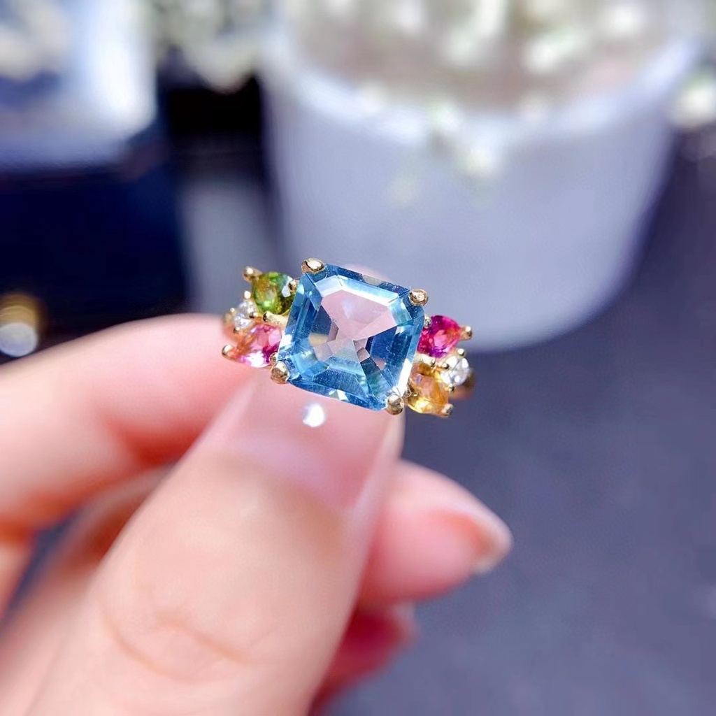 Goldkingdom Fashion Perhiasan Aksesoris Ready Stock Baru Hidup Drainase Meledak Zamrud Dipotong Santa Maria Topaz Cincin Aquamarine Pembukaan Perempuan Cincin