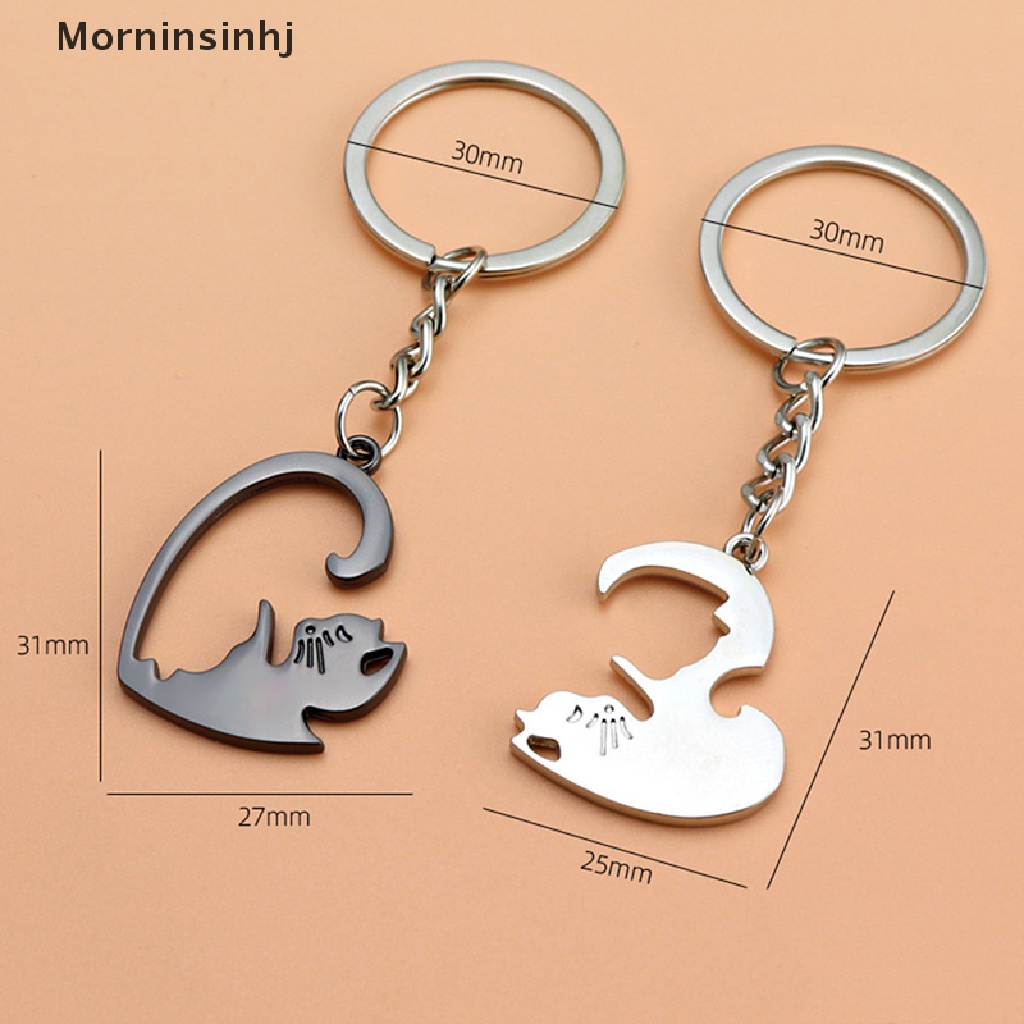 Mornin 2pcs Lucu Kucing Hitam Gantungan Kunci Patchwork Hati Bulat Pasangan Pecinta Keyring Stainless Steel Ransel Kunci Mobil Gantungan Perhiasan id