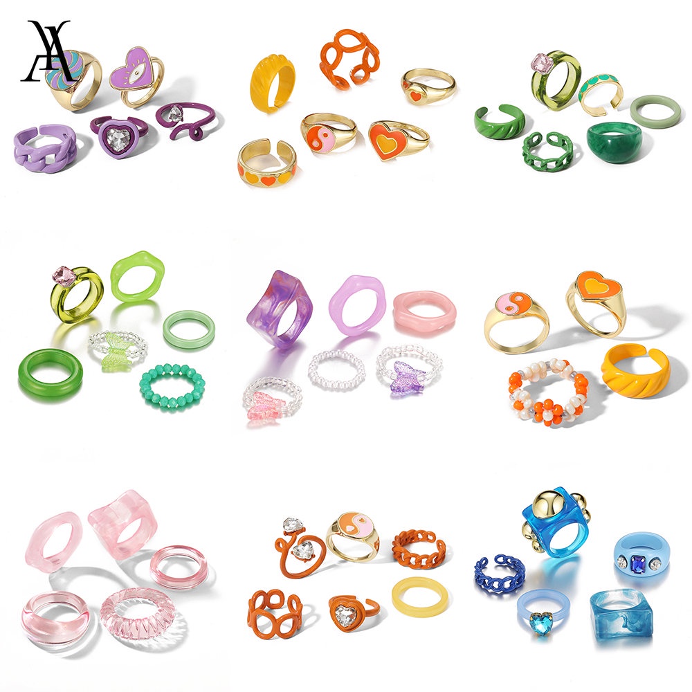 AY(CN) Korean Colorful Resin Ring Set Oil Dripping Rings Flower Heart Tai Chi Beads Ring Finger Ring Women Jewelry Accessories