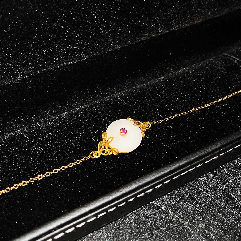 Goldkingdom Fashion Perhiasan Aksesoris Ready Stock Vintage Gaya China Klasik Pengadilan Teratai Gelang Imitasi Alami Hetian Giok Vietnam Pasir Emas Asli Kadar 375 Gold Gelang