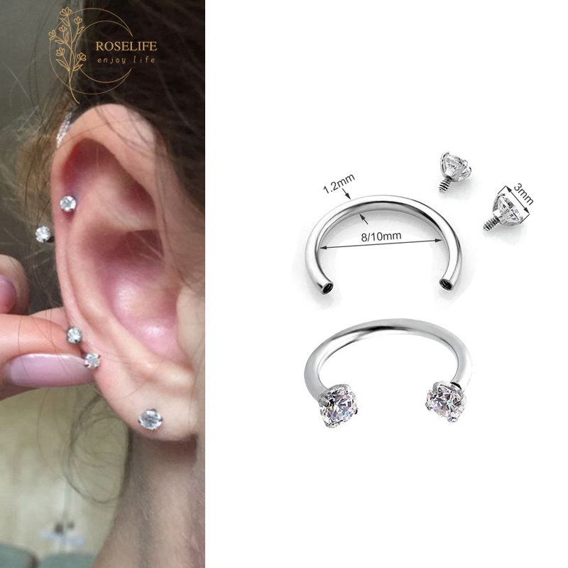 Roselife Unisex 1PC C Bentuk 3mm Zirkon Stainless Steel Piercing Klip Anting Untuk Wanita Pria Keren Fashion Tindik Hidung Bibir Cincin Telinga Manset Perhiasan