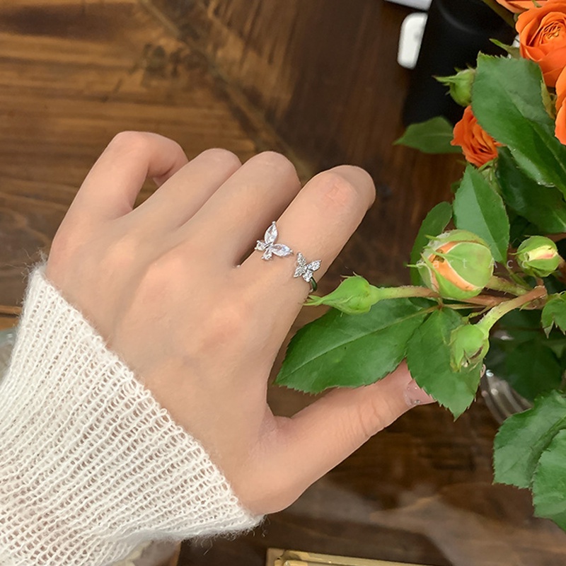 Papaozhu Fined Sparkling Zircon Butterfly Open Ring Untuk Wanita Gadis Chic Bersinar Kristal Buku Jari Cincin Temperamen Perhiasan